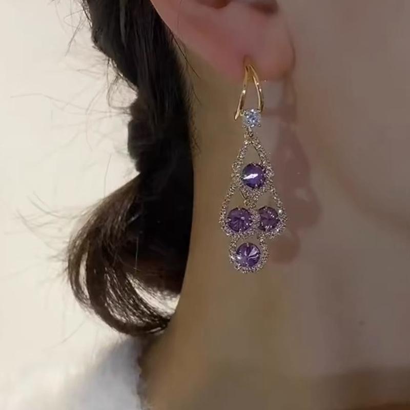 Vintage Elegant Purple Crystal Water Drop Long Tassel Earrings for Women Design Sparkling Prom Accessories Party Jewelry Gifts
