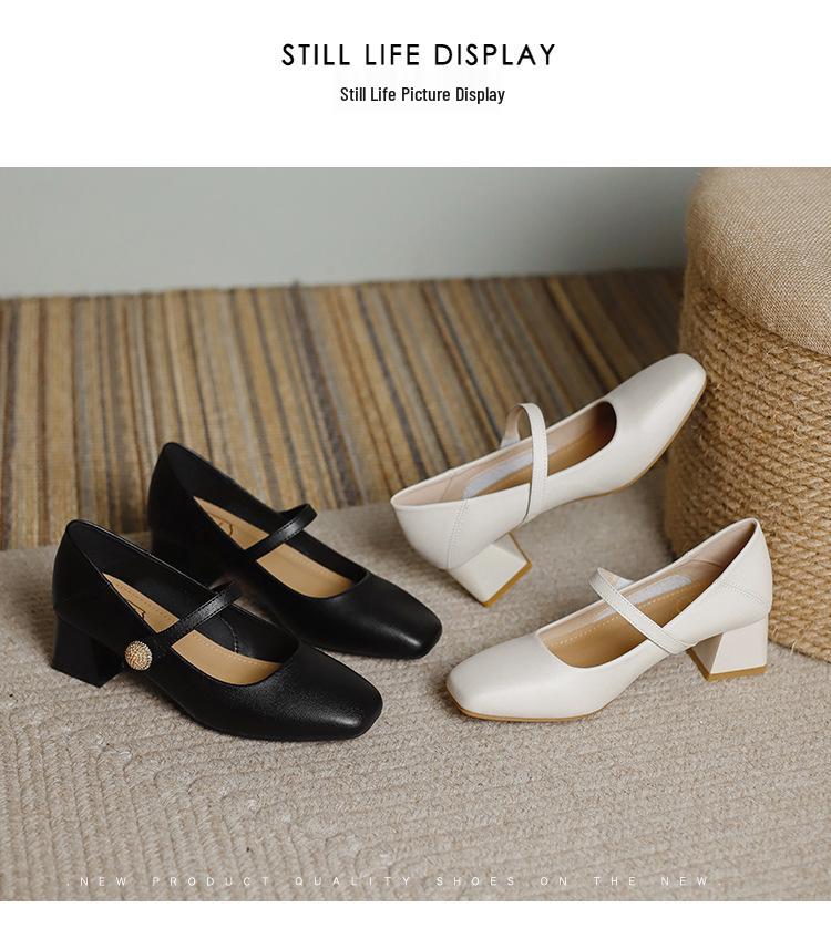 Genuine Leather Chunky Heel Mary Janes - Low-Cut, Soft Sole & Upper for Casual Wear in Spring & Autumn