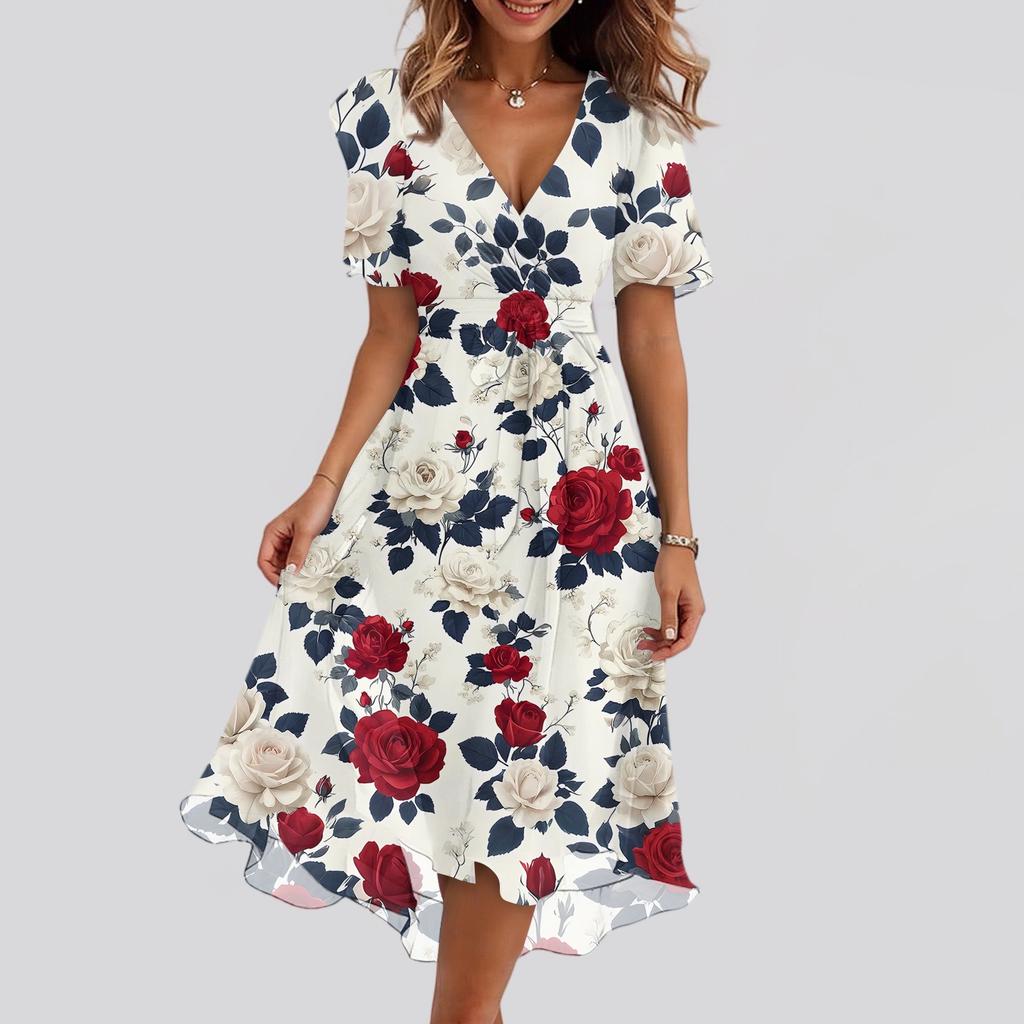Dámské módní ležérní šaty s výstřihem do V, krátkým rukávem, volánky a vintage potiskem