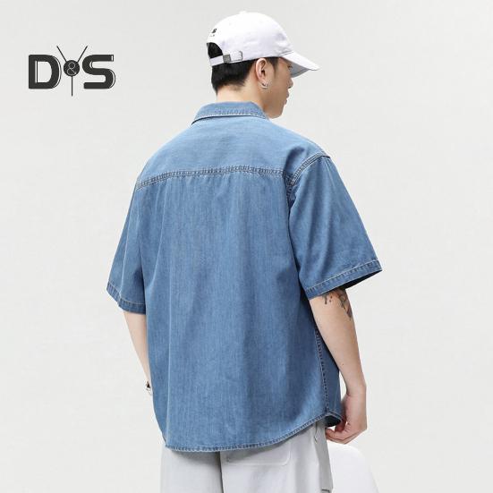 Pánská bavlněná košile s krátkým rukávem Letní zapínací košile s klopou Džínové košile s kapsami Ležérní plážové oblečení Top