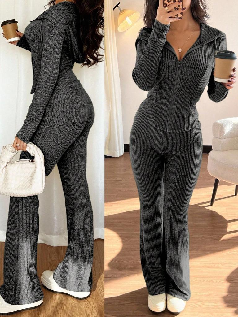 Women's Grey Hooded Zip Front Jumpsuit with Flare Leg