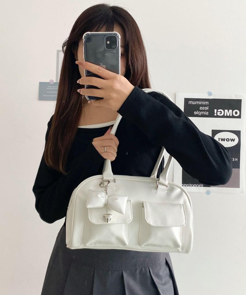 WEGO Boston Bag with School Deco Shoulder Korean School School Size White Charm, Bag, Bag, Bag, Style, Casual, Girly, Bag, Gift, Present, Bag,