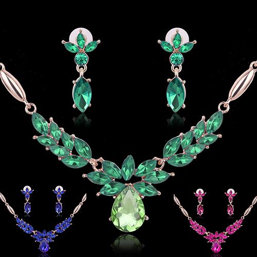 Women's Rhinestone Flower Pendant Alloy Necklace Earrings Wedding Jewelry Set