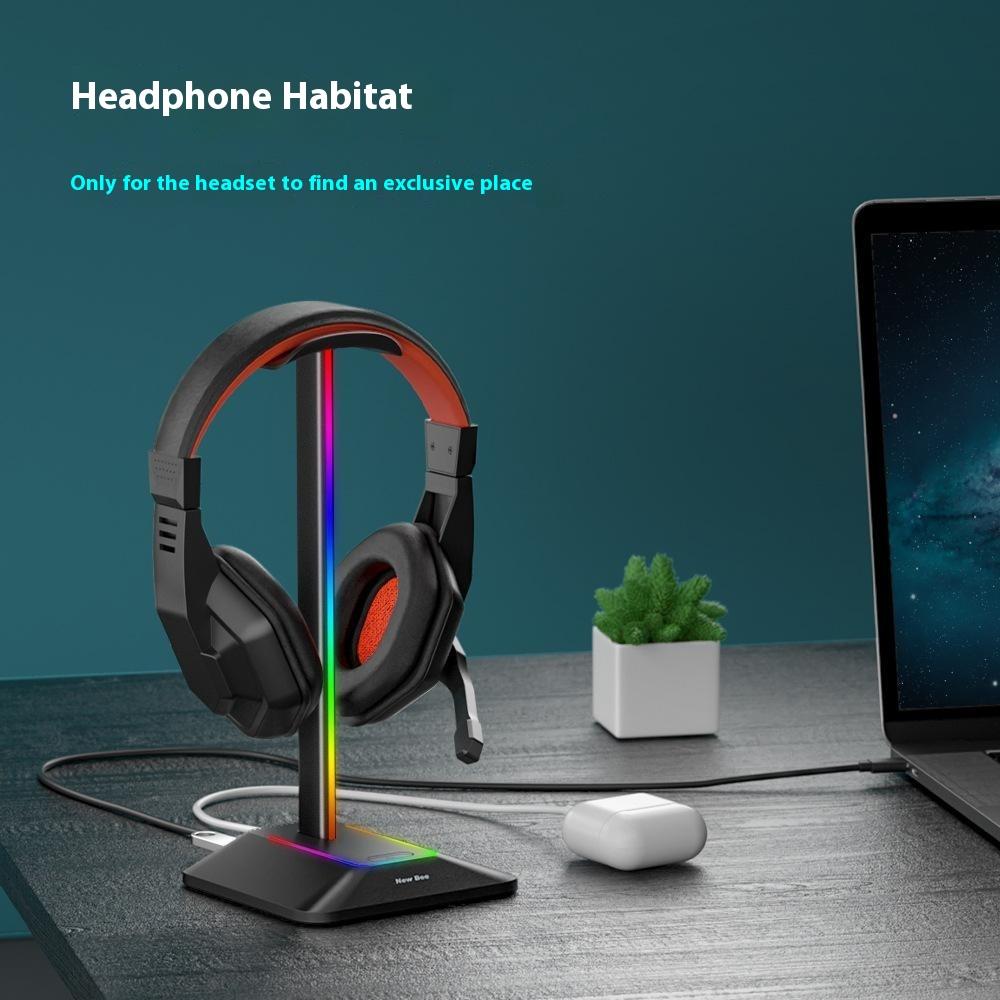 NEW BEE Z8 RGB Light Headphone Stand with USB + Type-C Expansion Hub Gaming Headset Holder Display Rack
