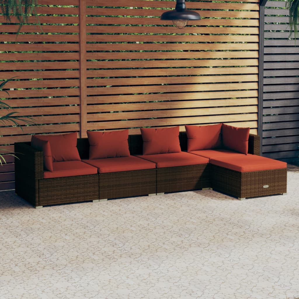 Vidaxl 5-Cz. Garden Lounge Set, Cushions, Polyrattan, Brown
