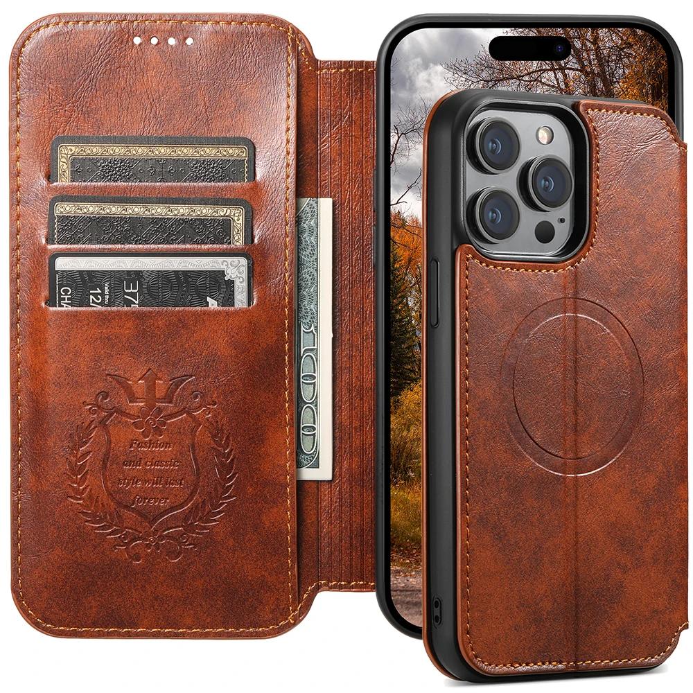 Wireless Charging Leather Wallet Cards Solt Case for IPhone 14 Pro Max 14Plus 15 13 12 for Magsafe Kickstand Magnetic Bag Cover