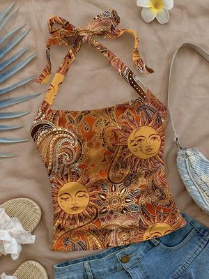 Damen Sexy Blumen Neckholder Weste, Strand Surfen Slim Fit Damenbekleidung