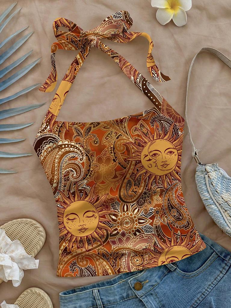 Ladies' Sexy Floral Hanging Neck Vest, Beach Surfing Slim Fit Women's Clothing