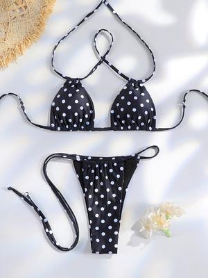 Biquínis Halter de Bolinhas Novas Tanga Fato de Banho Moda Praia Feminina 2025 Fato de Banho de Bolinhas Cavado Biquíni Mujer Micro Tanga Roupa de Praia