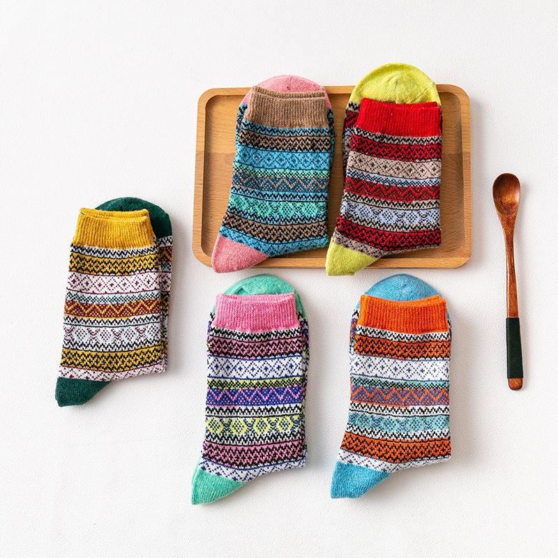 5 Pairs of Female Autumn and Winter Thick Warm Ethnic Rabbit Wool Socks