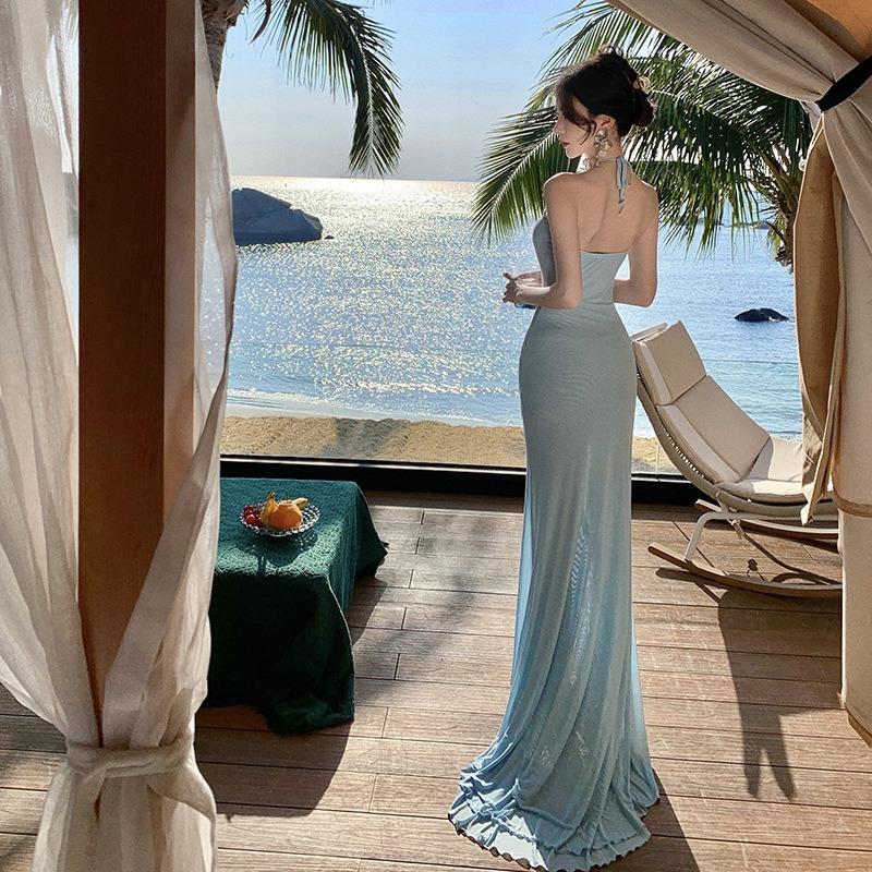 Супер Бессмертный Трехмерный Цветок Муза Нежный Шея Чистое Желание Шлейфовое Платье Платье для Отпуска Длинное Платье S синий