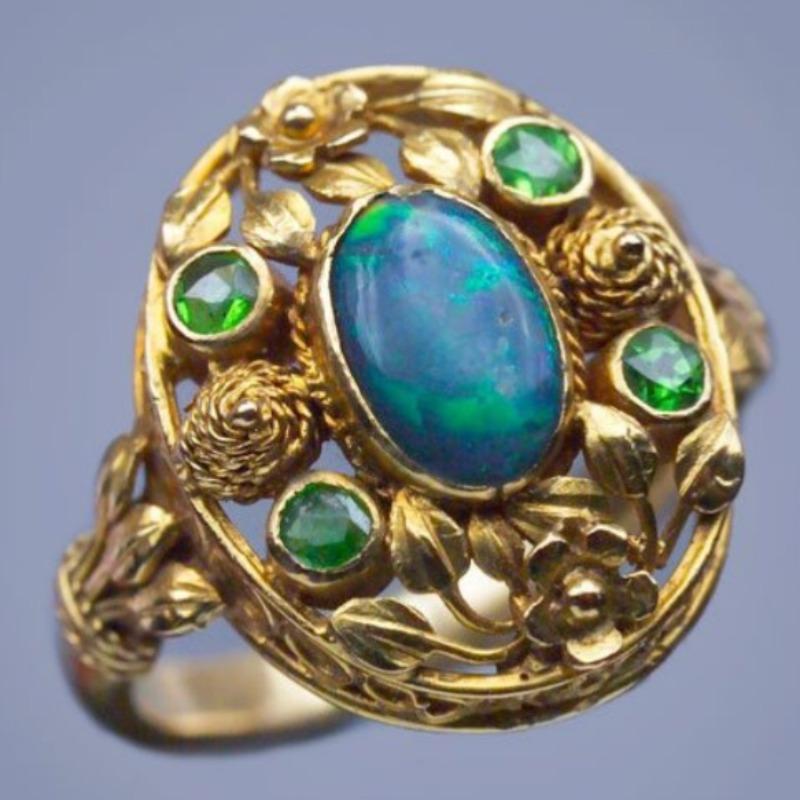 Vintage Inlaid Imitation Turquoise CZ Flower Women's Ring Ethnic Gold Color Geometry Daily Wear Party Jewelry Anniversary Gift