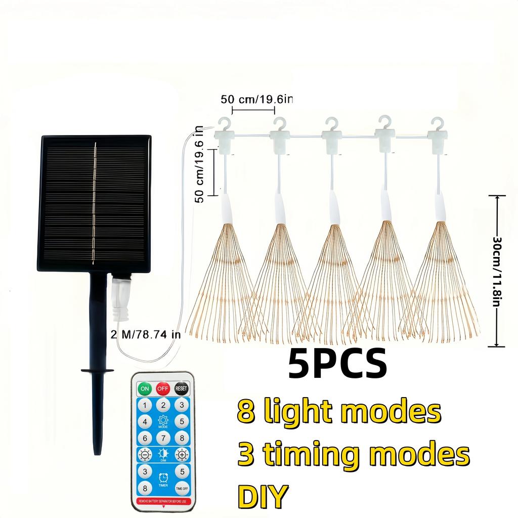 1 Set 5 In 1 Hanging Solar Fireworks Lights 450 LEDS Star Burst Light Outdoor Waterproof 8-Mode with Remote Control
