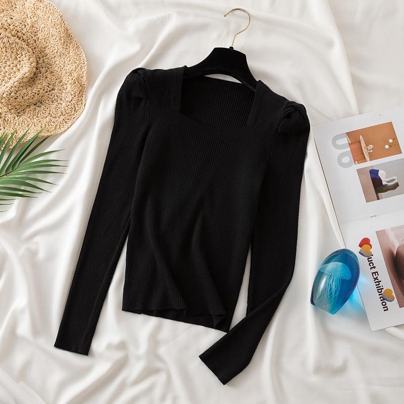 Модные винтажные свитера с квадратным вырезом, вязаные свитера для женщин, осенние однотонные пуховики с длинным рукавом, женские повседневные элегантные зимние джемперы для женщин 25489 One Size чёрный