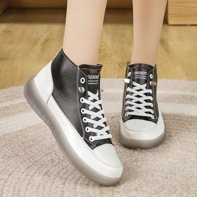 Damen Frühling Herbst Neu Leder High Top Freizeit Board Schuhe Flache Sohle Runde Spitze Leicht Rutschfest Schnürung Kleiner Weißer Schuh