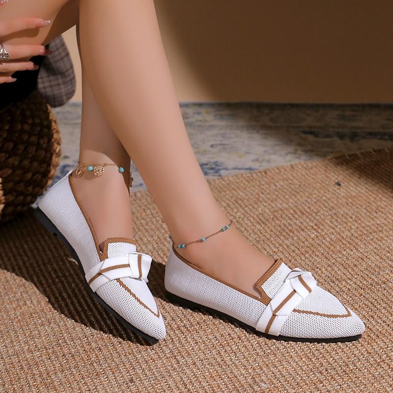 

Туфли-лодочки большого размера с острым носком, плоские, одинарные, осенние, новые, с неглубоким вырезом, с бантом, вязаные, дышащие, слипоны, на мягкой подошве, нескользящие, с низким верхом 44 белый