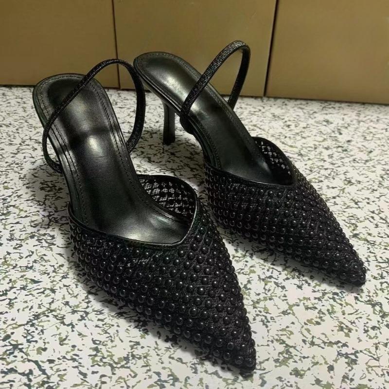 Mode Luxus Schwarze Perle High Heels Damen Sandalen für Party Abschlussball Spitzzehe Slingbacks Mesh Designer Sommer Damen Kleiderschuhe