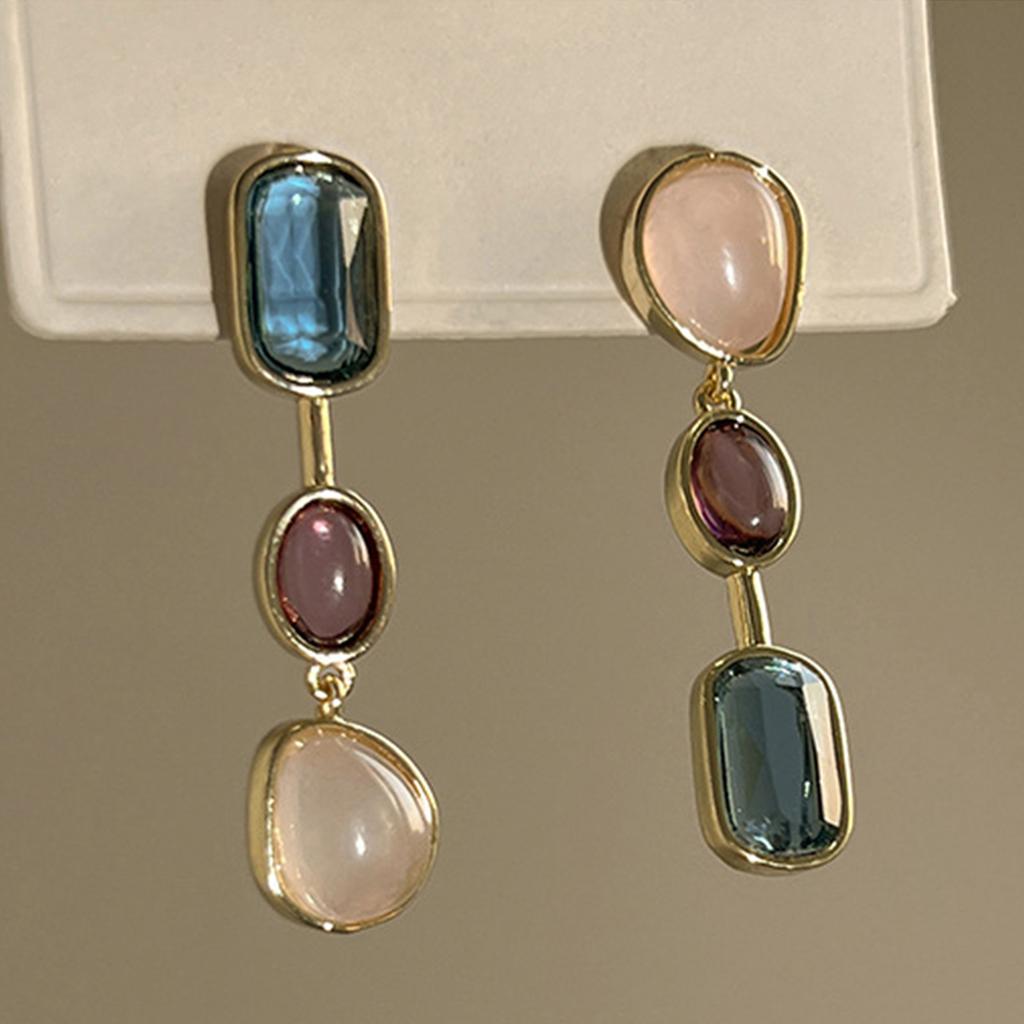 Vintage Ohrstecker für Mädchen Modische personalisierte asymmetrische Ohrringe mit farbigen Edelsteinen Boho Color-Blocking-Ohrringe