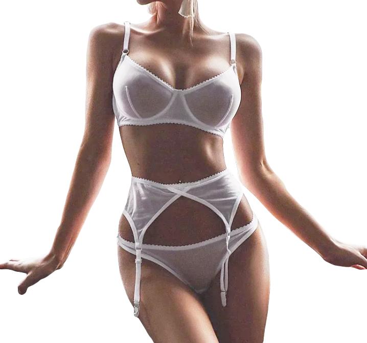 Women's Underwear Set Bra Choker Thigh Straps Belly String White S