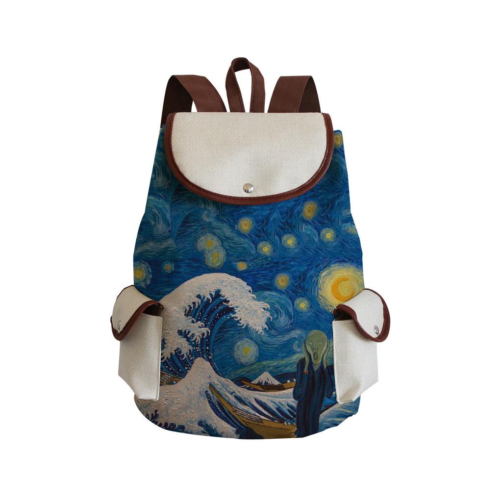 Wind Creative Van Gogh Oil Painting Print Backpack, Large-Capacity Student Schoolbag, Portable Travel Backpack
