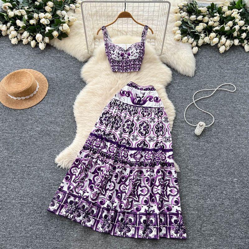 

Three-Dimensional Pleated Skirt with Chest Pad Blue and White Porcelain Printed