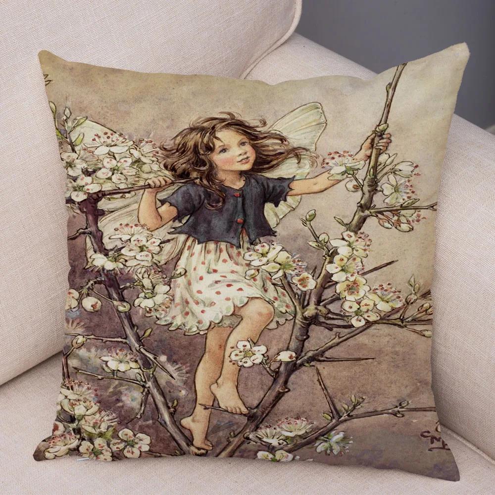 Vintage Cartoon Elfen Kissenbezug Dekor Bunte Märchenwelt Kissenbezug Plüsch Blumenmädchen Kissenbezug für Sofa Zuhause