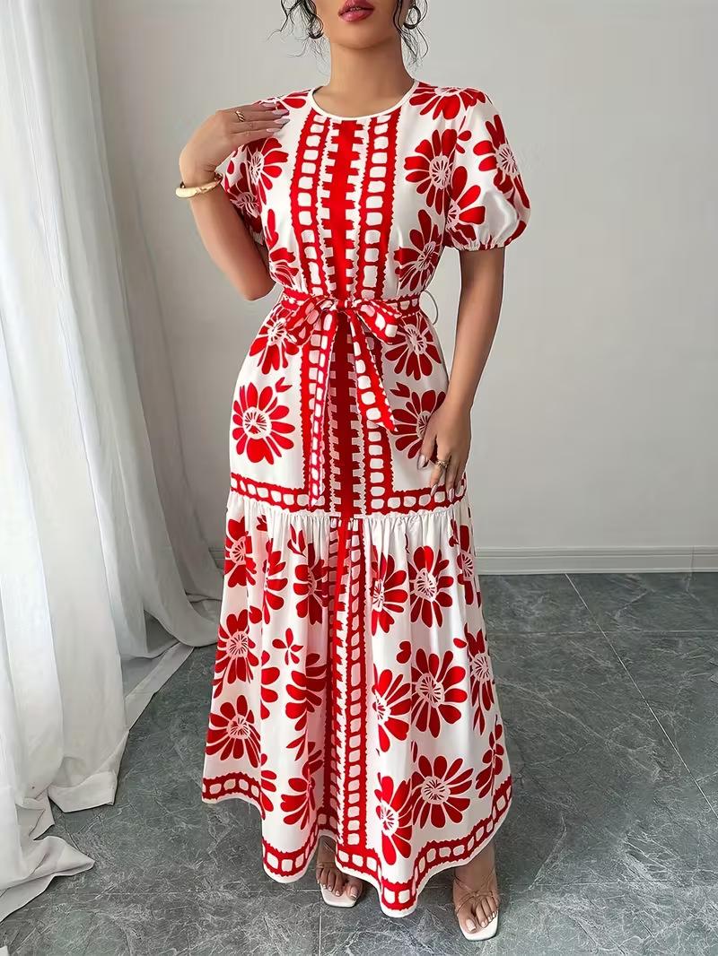 

Blue and White Floral Print Short Sleeve Midi Dress with Tie Belt XXL червоний