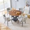 Table and Chair Set, Round 107 Cm Dining Table In Walnut Look, Double Storage Level, 4 Light Gray Fabric Dining Chairs, Flower-Shaped Backrest