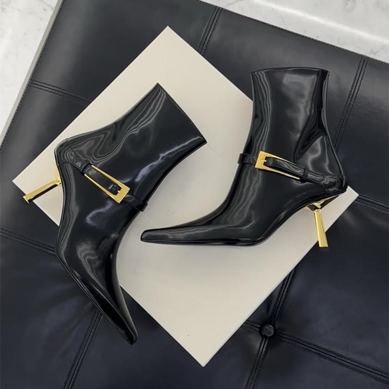 Fashion Star style Fashion Patent Leather Metal Buckle Zip Women Ankle Boots Elegant Thin High heels Autumn Winter Chelsea Boots Shoes