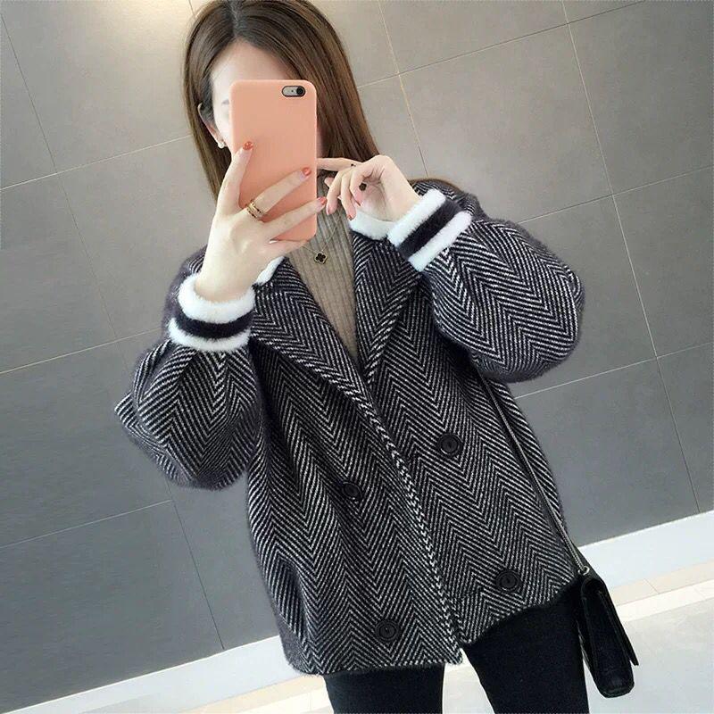 Women Imitation Mink Velvet Cardigan Sweater Coat Short Women Fuzzy Sweater Lantern Sleeve Casual Sweater Knitted Mohair Cardigan Jacket Outwear