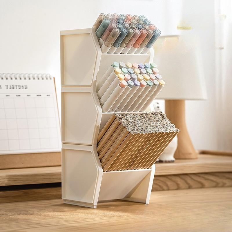 Stackable Slanted Pen Holder Storage Box, Student Desk Stationery, Plastic Square High-value Pen Holder