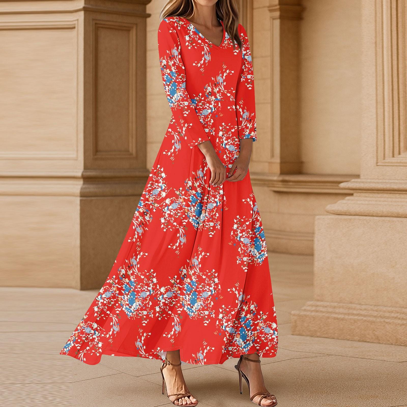 

Платья для женщин Винтажное цветочное туниковое платье миди с завышенной талией Летнее повседневное платье с рукавом 3/4 S красный