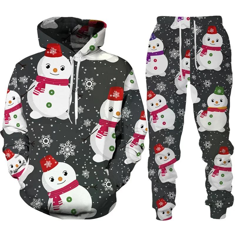 Autumn Winter Men Merry Christmas Hoodie Set Cartoon Santa Claus Clothing Male Fashion Hooded Coat Pullover Casual Streetwear