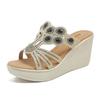 Cool slippers women wear new rhinestone one-word drag fashion slope heel thick-soled slippers in summer