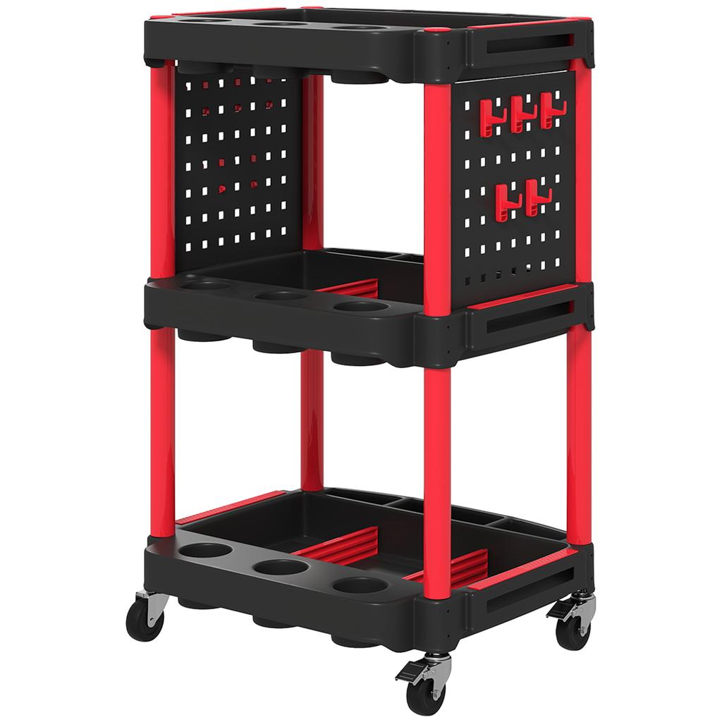 Tool Trolley. Three-tier Shelves. 4 Wheels. Plastic. 10 Hooks. Red