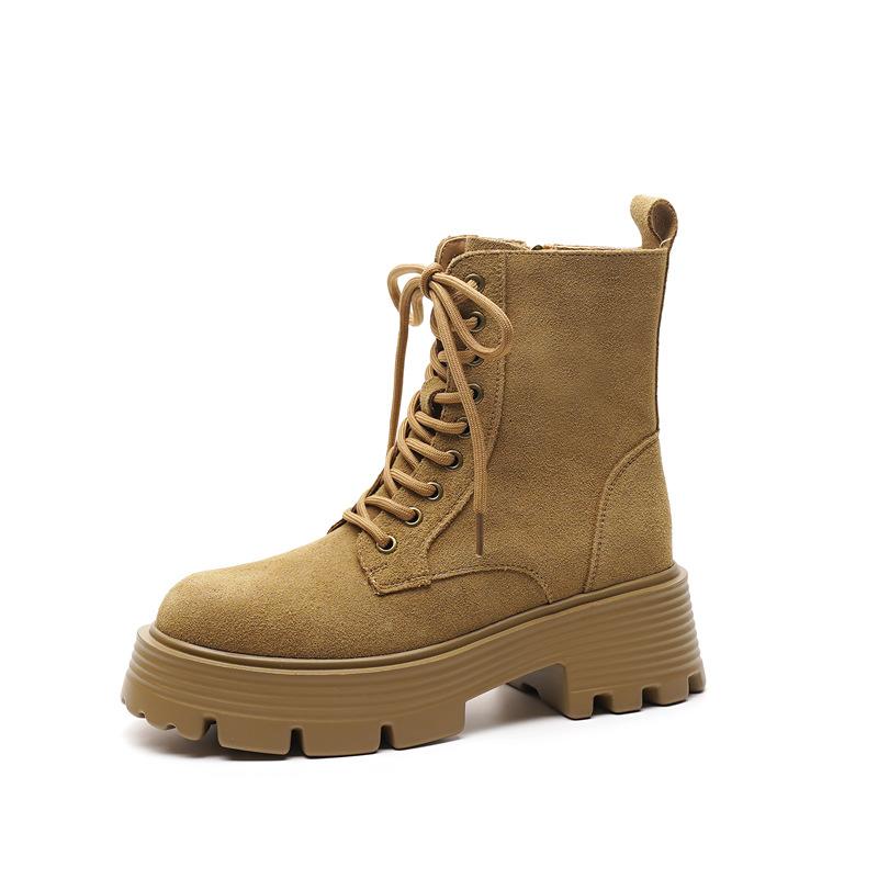 Thick-soled heightening Martin boots women's autumn and winter versatile velvet retro round-headed short boots thin boots