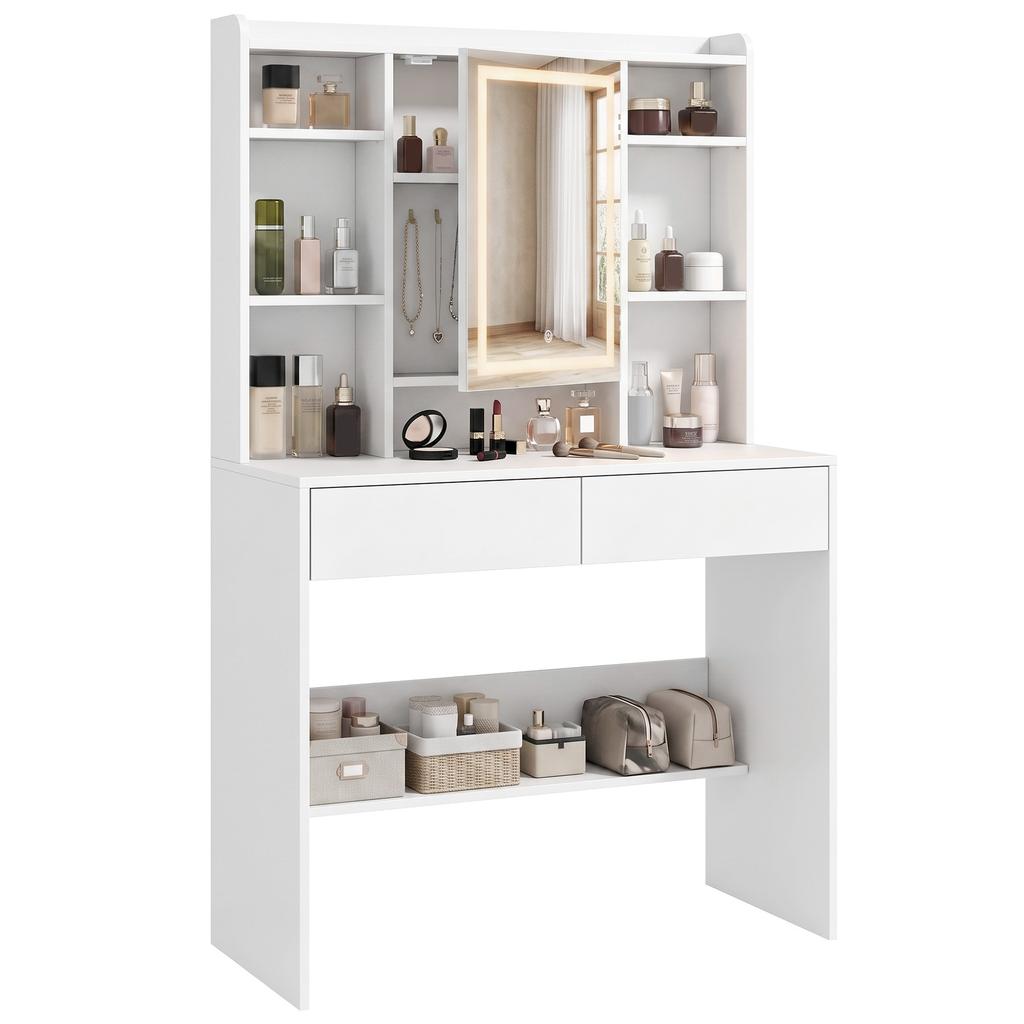 Makeup Vanity Table with Mirror Cabinet, LED Lighting, 2 Drawers, White