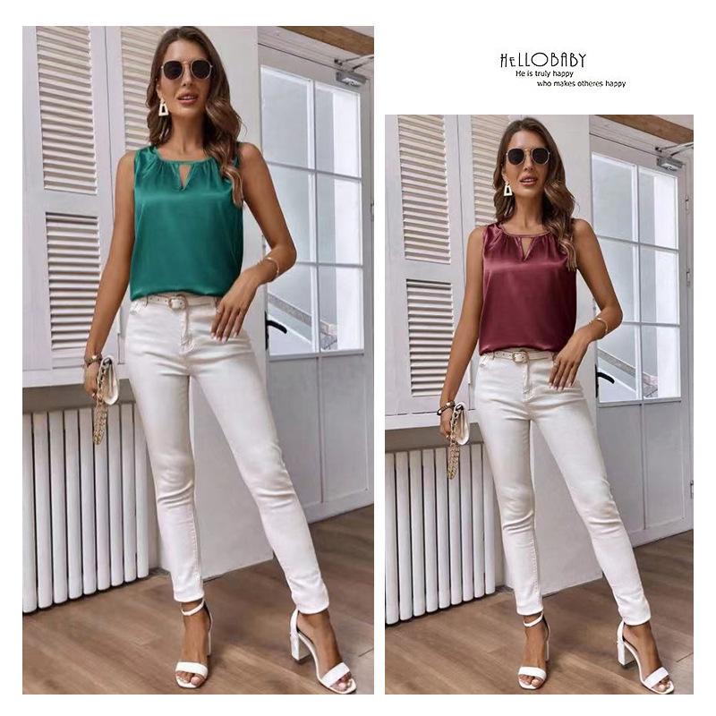 Tricou de vară din poliester plisat, vestă din satin, top fără mâneci decupat, tricouri de damă