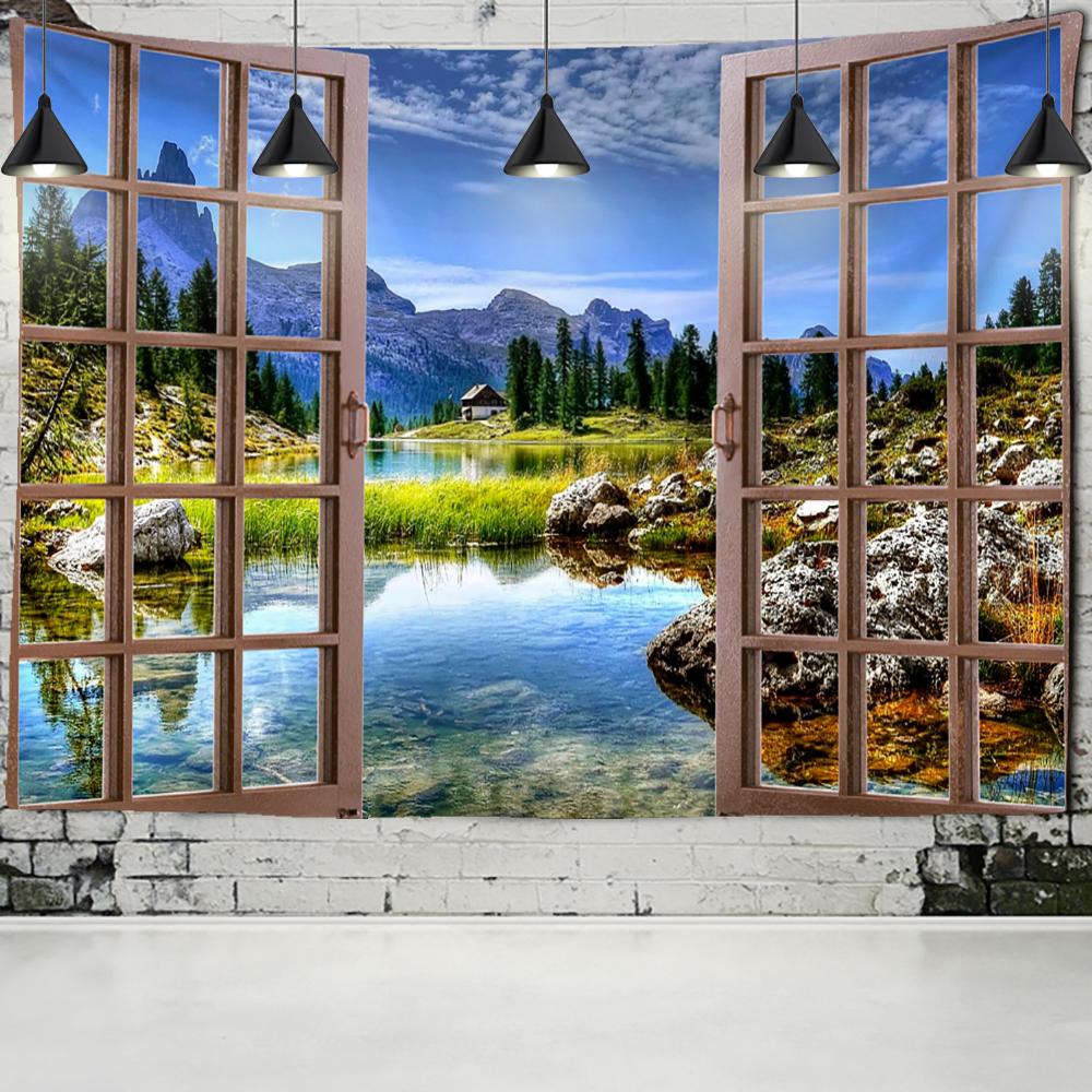 Sea Turtle Window Landscape Tapestry Wall Hanging Bohemian Psychedelic Mystery Imitation Window Home Art Decor