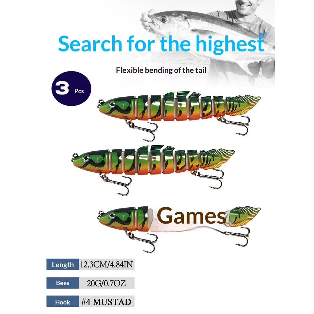 Eight-section bionic pike lure with realistic swimming action. Sharp hooks for solid hooksets, ideal for catching aggressive freshwater predators.
