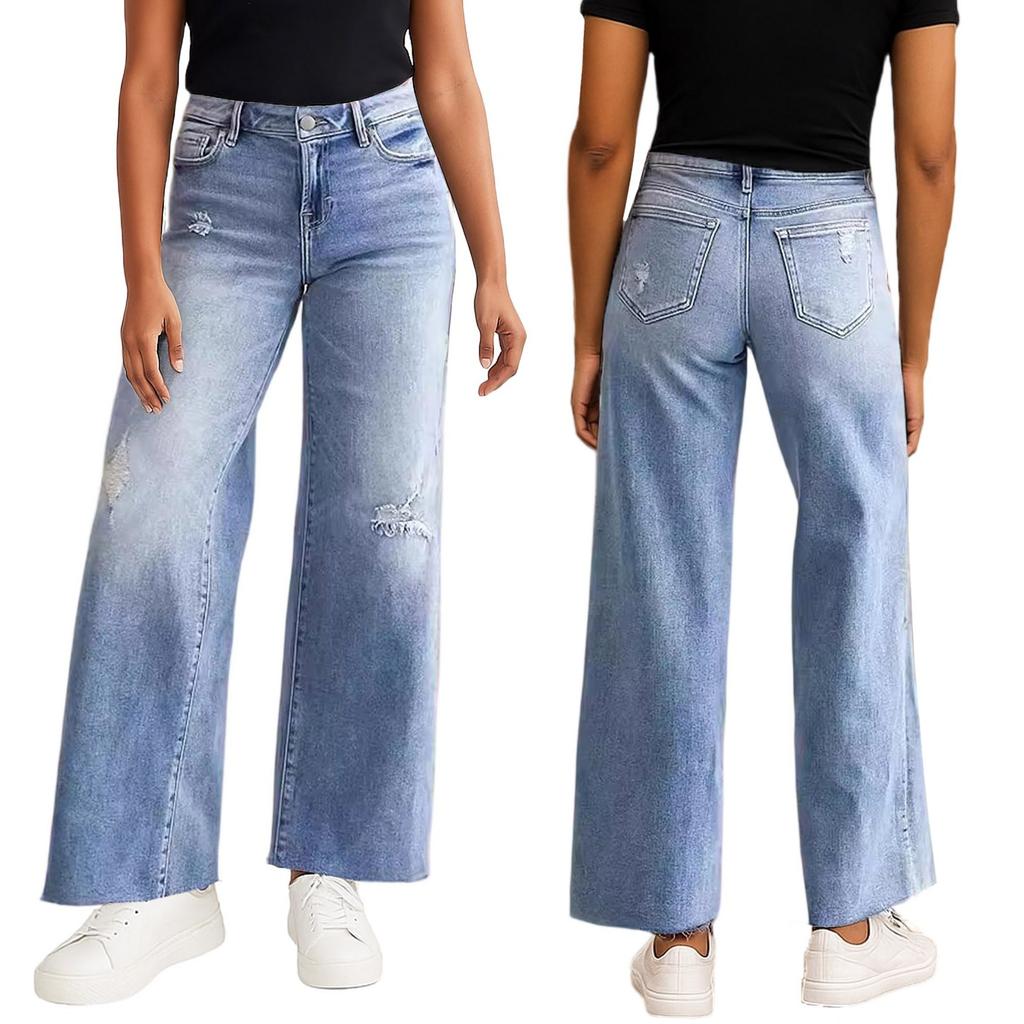 Women Baggy Mid Waist Jeans Wide Leg Loose Denim Pants Straight Leg Cropped Barrel Jeans