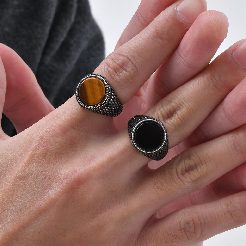 Mens Punk Round Gemstone Rings,Stainless Steel Scales Tiger Eye Ring Signet Ring,Stylish Hiphop Jewelry Gift for Him Boys
