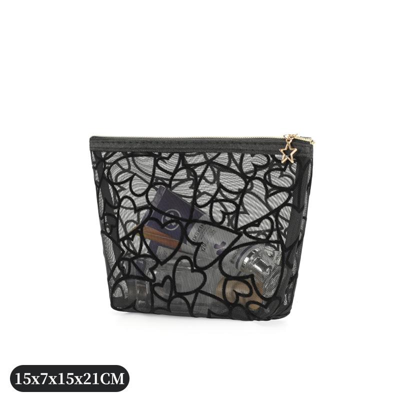 1pc Women Makeup Bag, Mesh Heart Flocked Decor,  Minimalist Mesh Heart Design Large Capacity, For Daily Use & Travel Makeup