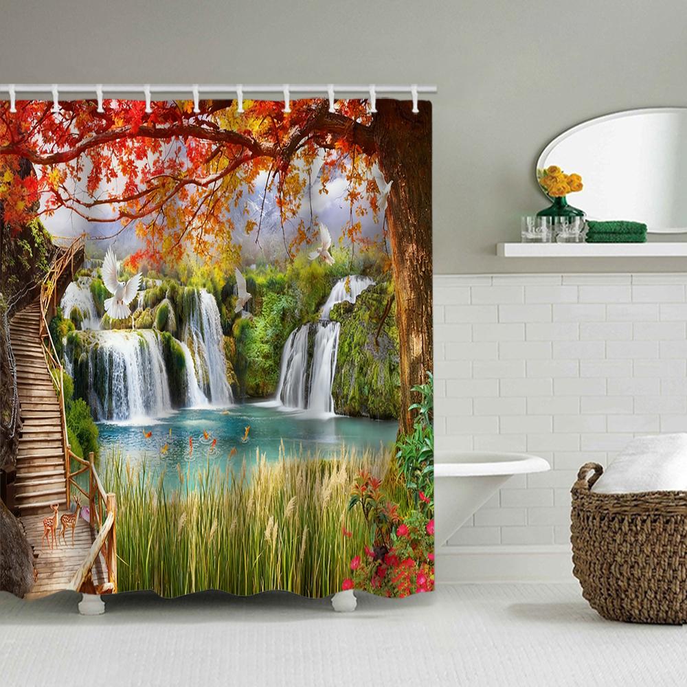 1/4 Forest Waterfall Print Shower Curtains, Toilet Seat Decoration, Shower Curtain with Carpet and Toilet Lid, 70.8x70.8 Inch