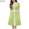 ZANZEA Women Casual Round Neck Short Sleeve Elegant Pleated Dress