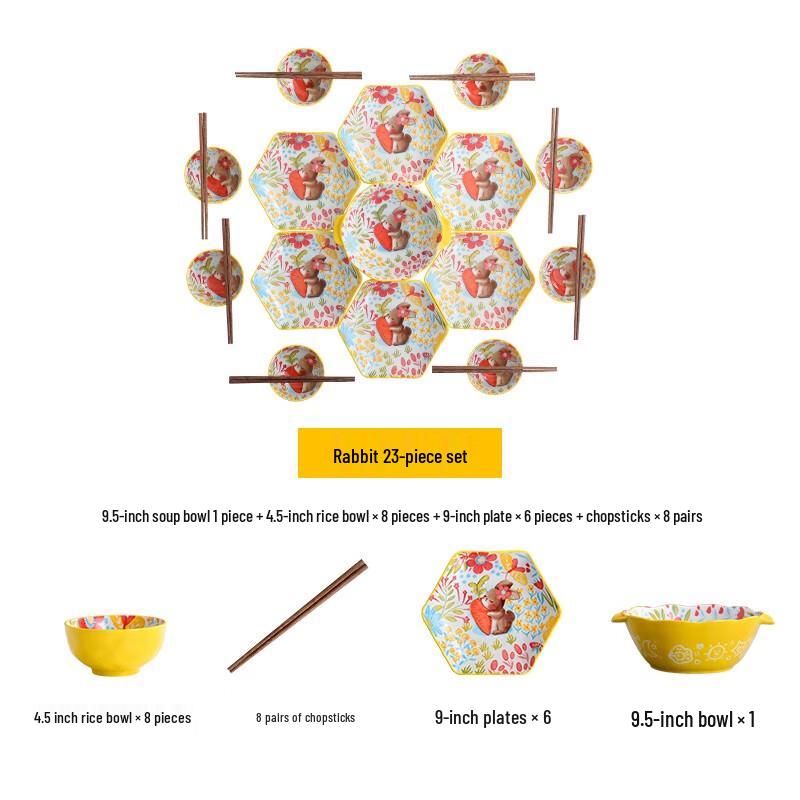 23-Piece Cute Rabbit Ceramic Dinnerware Set