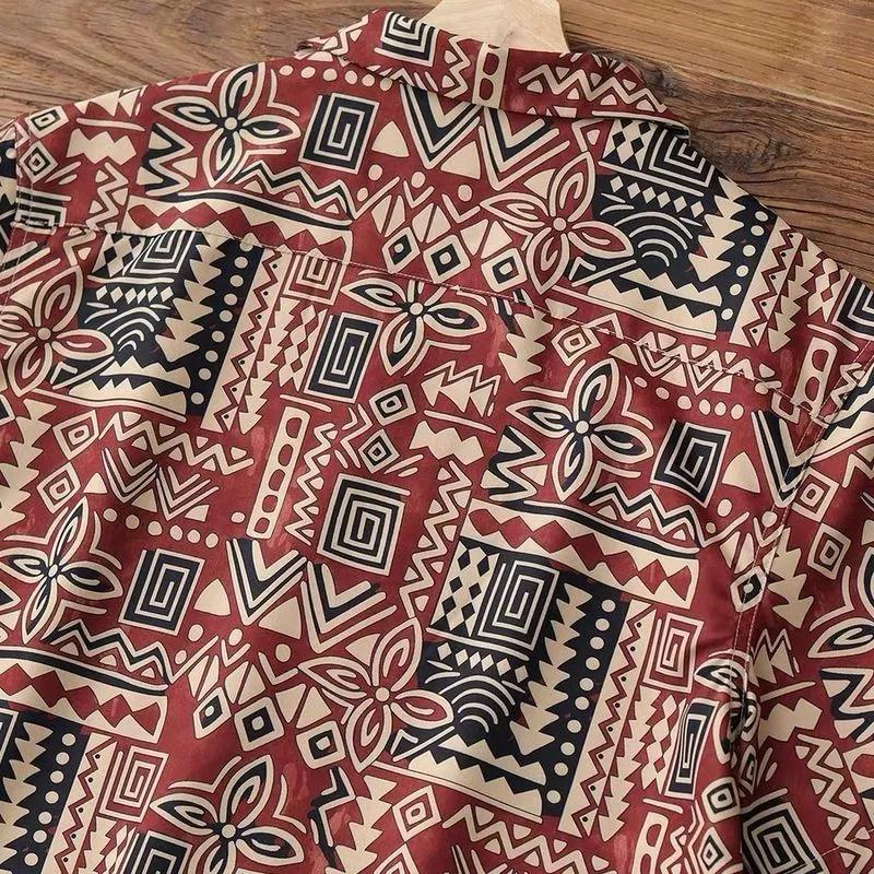 Plus Size Men's Vintage Geometric Print Shirt Casual Loose Short Sleeve Cuban Collar Shirt