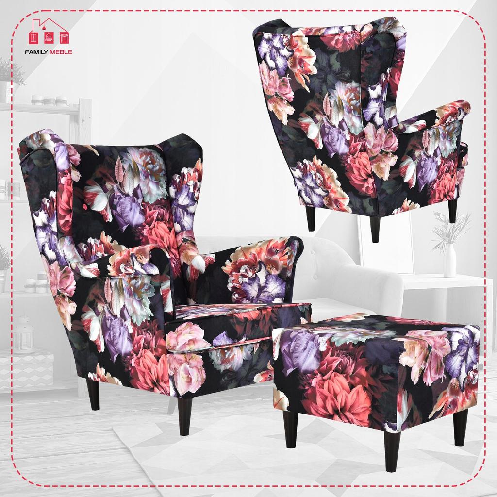 Fotel uszak ARI PRINT z podnóżkiem skandynawski Family Meble kwiecisty