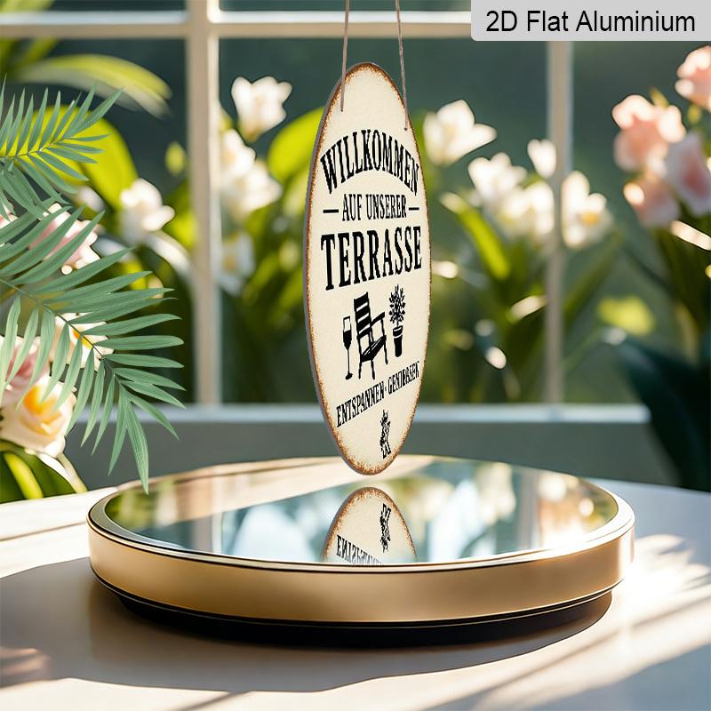 2D Flat, 1pc Aluminum Metal Sign, Welcome Patio German Quote Wall Decor for Porch or Terrace - Perfect Gift Idea In Retro Outdoor Style with Garden