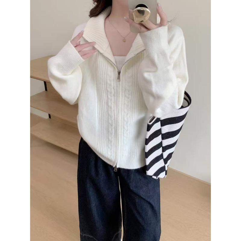 

Новый твист плетеный воротник-стойка двойная молния чувство дизайна однотонный универсальный свободный кардиган куртка женская average size бежевый